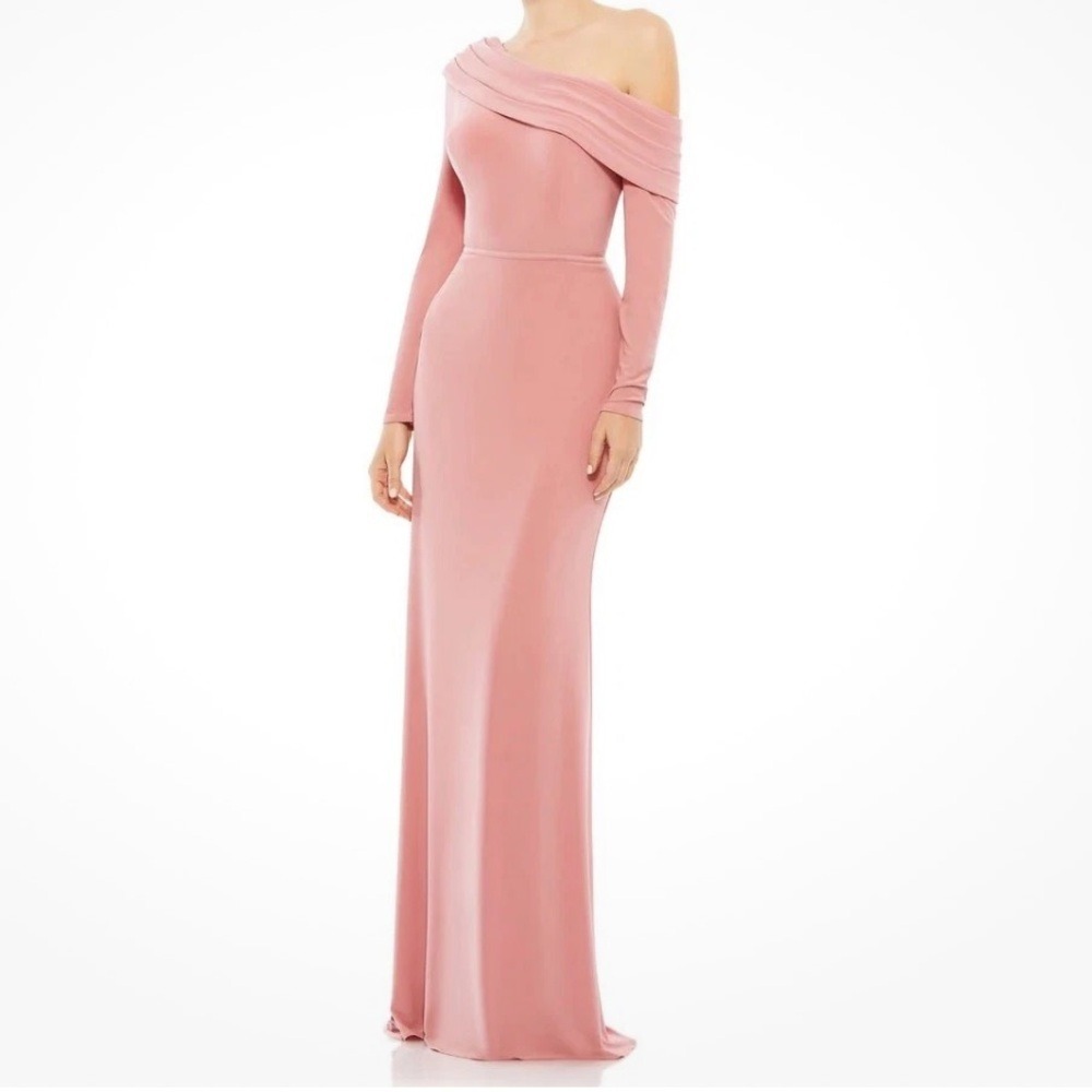 Mac Duggal 26595 Off Shoulder Column Gown Rose Pink Long Sleeve 8 NWOT